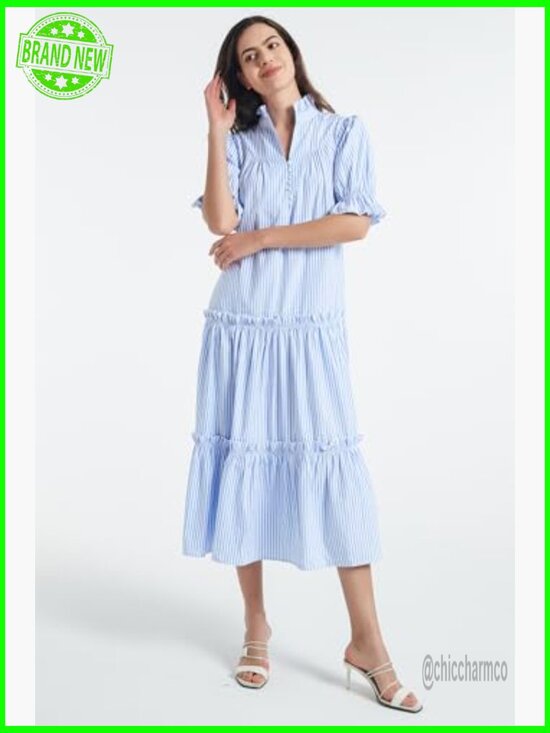 Small Maxi Dress with Puff Sleeves Button Down Tiered V-Neck Flowy - Picture 2 of 7